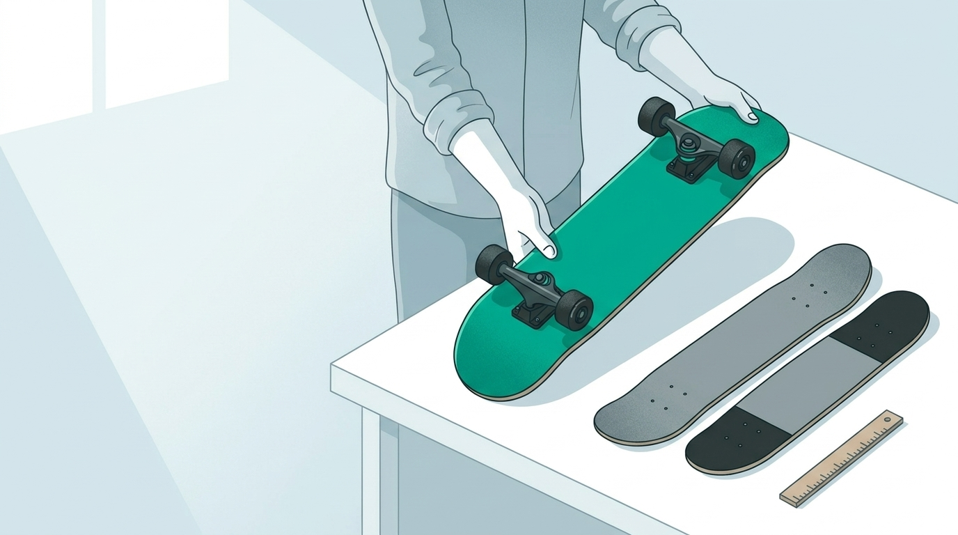 Illustration ACTA : choisir son skateboard complet débutant, comparaison des largeurs de deck